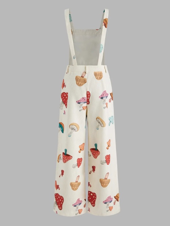 Cider Mushroom Print Corduroy Overalls Wide Leg Cottagecore Indie Beige L - Picture 4 of 9